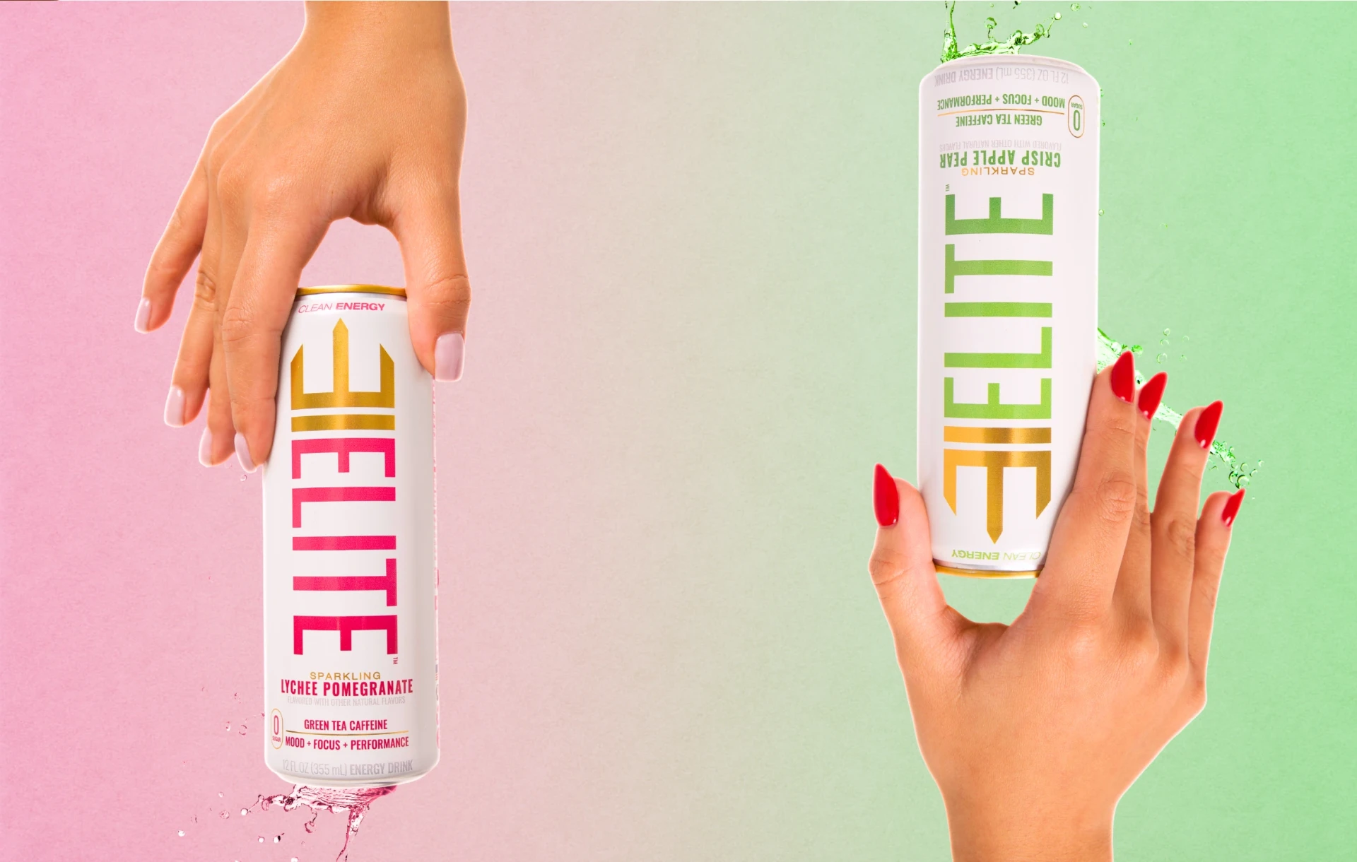 ELITE Lychee Pomegranate and Crisp Apple Pear cans held side by side